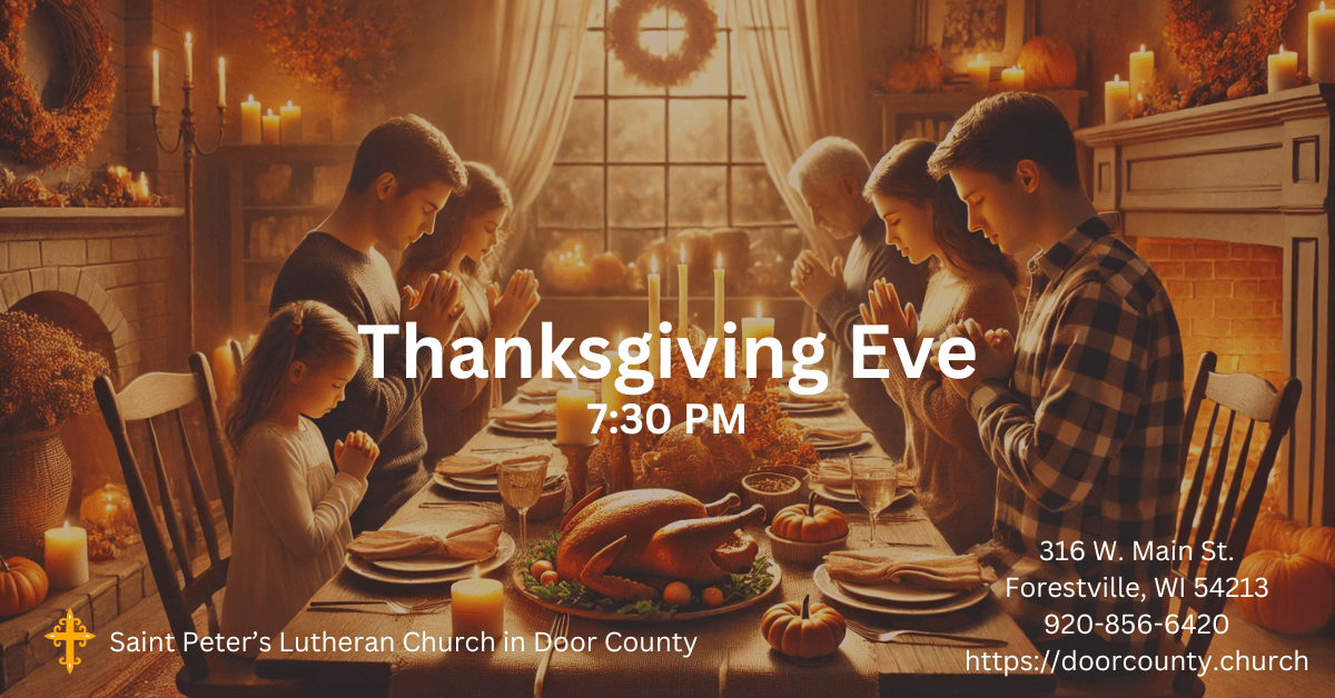 family gathered around a Thanksgiving table, praying. Superimposed text says: Thanksgiving Eve.