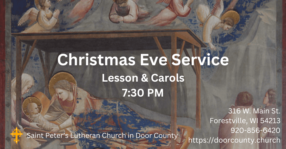 Manger scene. Superimposed text says: Christmas Eve Service Lessons and Carols 7:30 PM