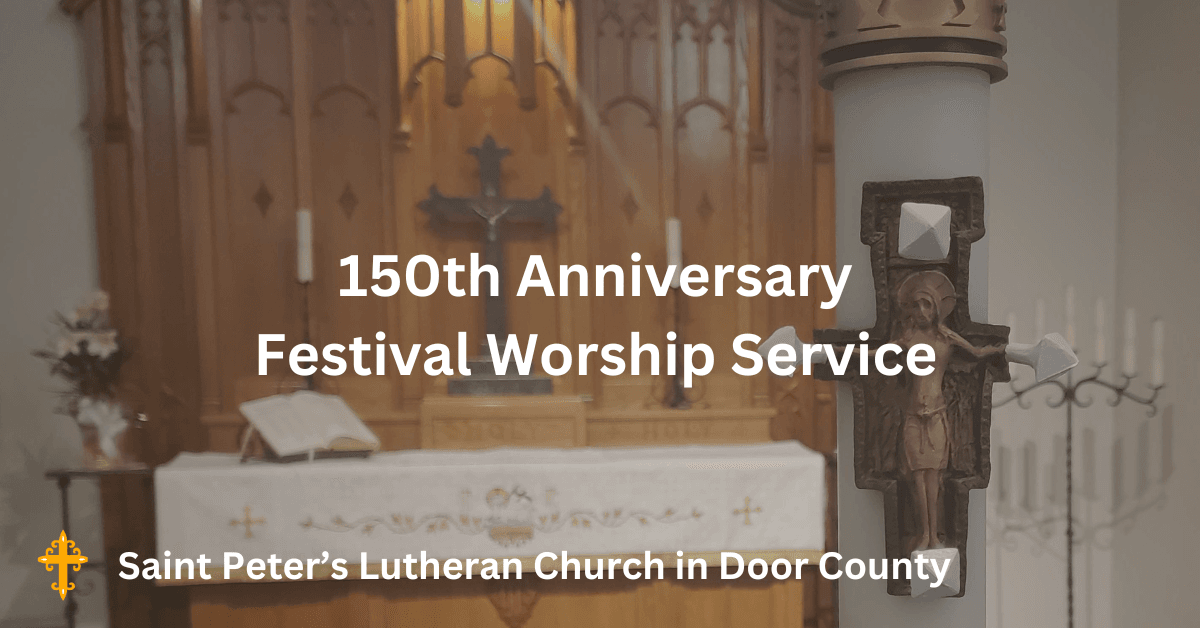 altar. Superimposed text says: 150th Anniversary Festival Worship Service.