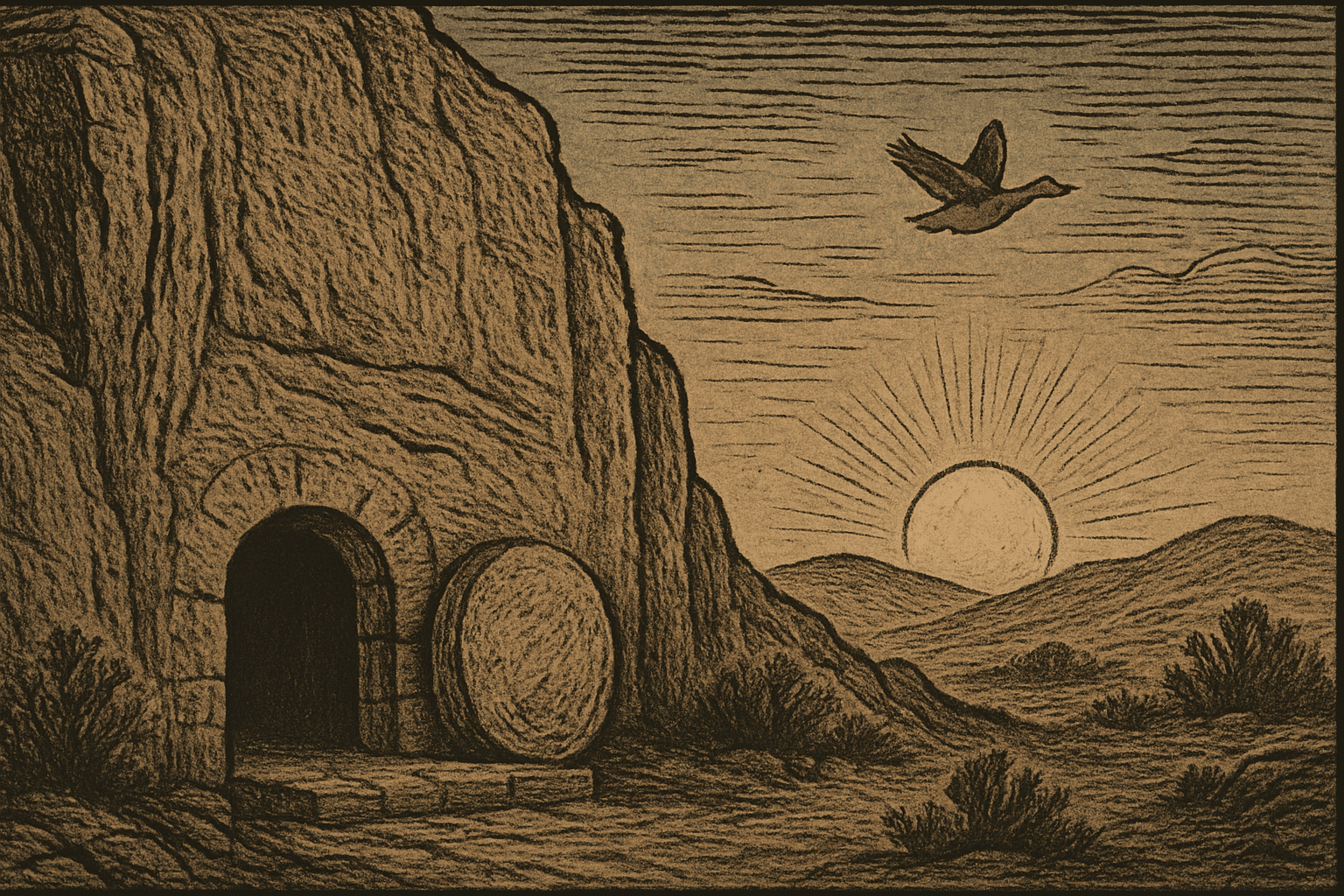 2024-04-20-easter-sermon-featured-image Tomb with stone rolled away. Rising sun. Duck flying overhead. Depiction of Easter morning.